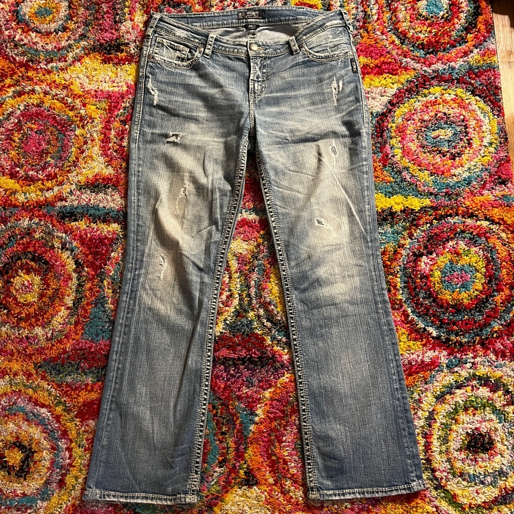 Silver Jeans Aiko, Straight Leg Distressed Blue Jeans